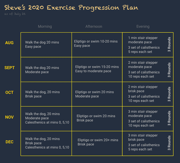 2020 excersize plan as of july 26